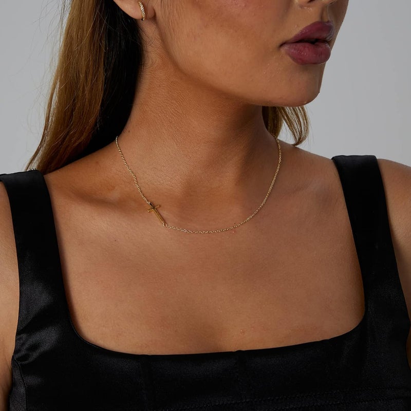 VIROMY Gold Cross Necklace for Women 14K Gold Plated Cute Sidways Cross Pendant Choker Necklaces Simple Trendy Everyday Jewelry for Women - Image 3